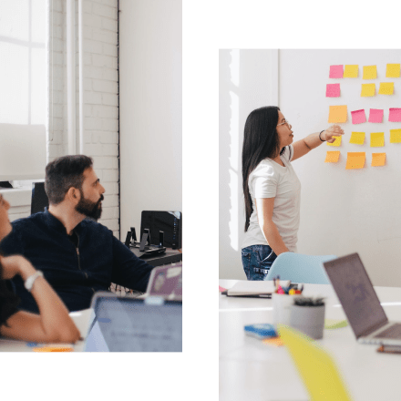 Consultant CRM dans un meeting de brainstorming avec une cliente.